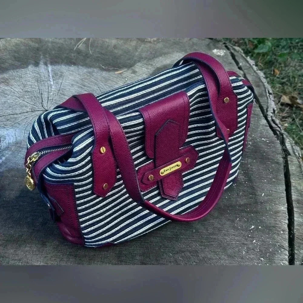 Eric Javits Red and Navy Blue Squishee Jute Double Handle Satche # 116168